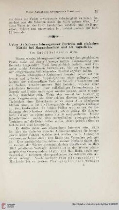 Ueber Aufnahmen lebensgrosser Porträts mit einfachen Mitteln bei Magnesiumlicht und bei Tageslicht