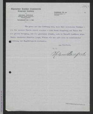 Brief der Ortsgruppe Hamburg an Helene Lange