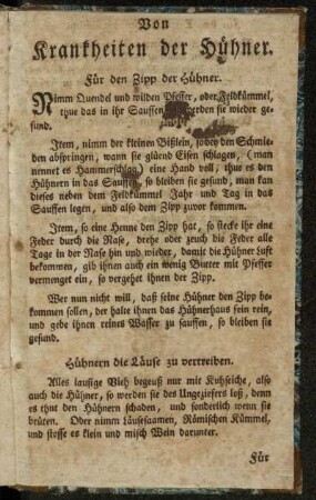Von Krankheiten der Hühner.