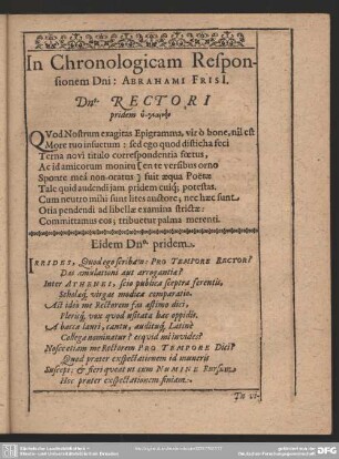 In Chronologicam Responsionem Dni. Abrahami Frisi