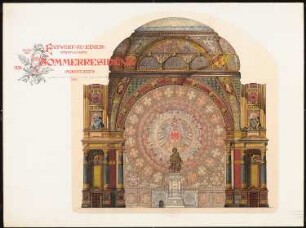 Fürstliche Sommerresidenz Schinkelwettbewerb 1886: Detail Festsaal: Rotunde mit Fensterrose und Reiterstandbild. Schnitt 1:50