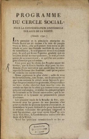 Programme Du Cercle Social Pour La Confédération Universelle Des Amis De La Verité