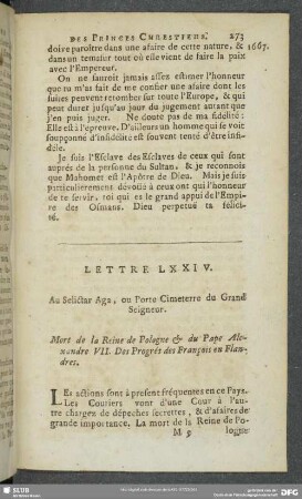 Lettre LXXIV [i.e. LXXV]. Au Selictar Aga, ou Porte Cimeterre du Grand Seigneur