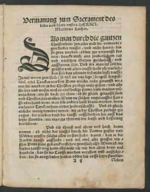 Vermanung zum Sacrament des leibs und bluts unsers Herrn. Martinus Luther.