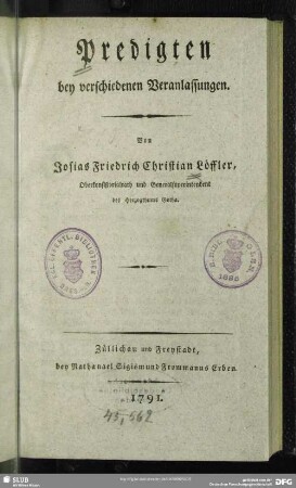 Predigten bey verschiedenen Veranlassungen