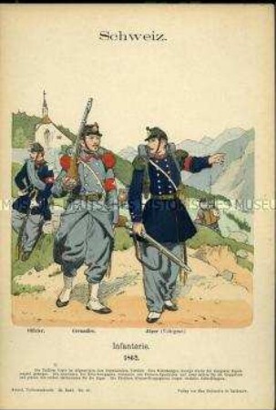 Uniformdarstellung, Offizier, Grenadier und Jäger-Voltigeur der Infanterie, Schweiz, 1862.