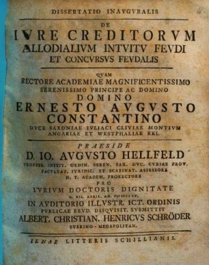 Dissertatio Inavgvralis De Ivre Creditorvm Allodialivm Intvitv Fevdi Et Concvrsvs Fevdalis