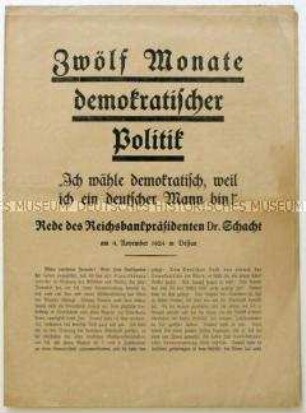 Flugschrift mit einer Rede von Hjalmar Schacht am 4. November 1924 in Dessau und Aufruf zur Reichstagswahl am 7. Dezember 1924