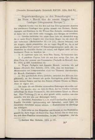 Gegenbemerkungen zu den Bemerkungen des Herrn v. Harold über die neueste Ausgabe des Catalogus Coleopterorum Europae 1).