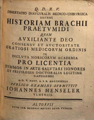 Dissertatio inauguralis medico-chirurgica sistens historiam brachii praetumidi