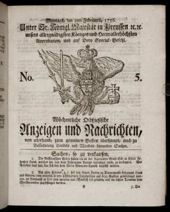 No. 5. Montags, den 2ten Februarii, 1756.