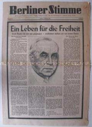 West-Berliner Wochenzeitung der SPD "Berliner Stimme" zum Tod von Ernst Reuter