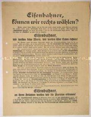 Programmatischer Wahl- und Beitrittsaufruf der Deutschnationalen Volkspartei an die Eisenbahner
