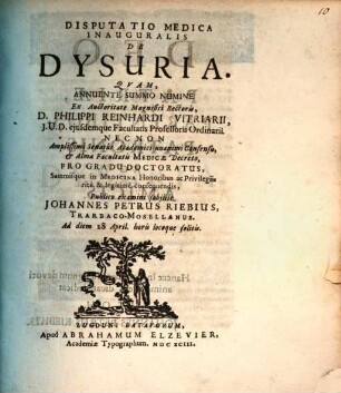 Disputatio Medica Inauguralis De Dysuria