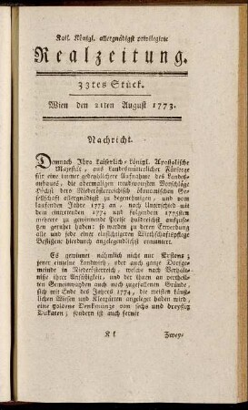 33tes Stück. Wien den 21ten August 1773.