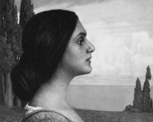 Mädchenkopf im Profil nach rechts vor Zypressen am Meer : Jahn, Georg (1869-1941). Mädchenkopf am Meer. Radierung; 34,5 x 42,0 cm. Dresden: Kupferstich-Kabinett A 1936-19