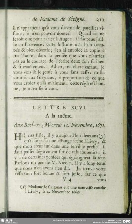 Lettre XCVI. A la même. Aux Rochers, Mécredi 12. Novembre, 1671