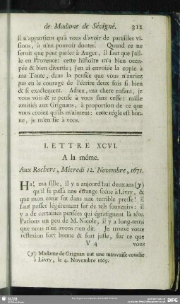 Lettre XCVI. A la même. Aux Rochers, Mécredi 12. Novembre, 1671