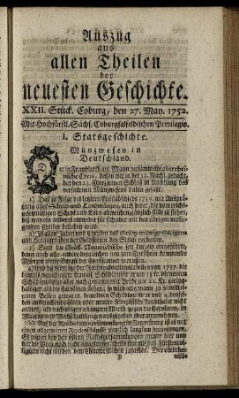 XXII. Stück. Coburg, den 27. May. 1752.