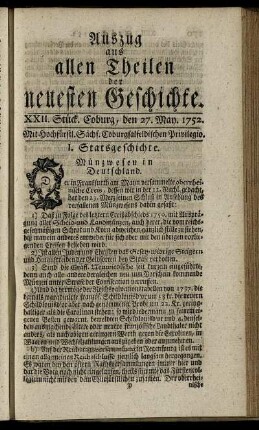XXII. Stück. Coburg, den 27. May. 1752.