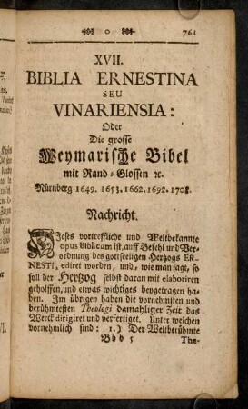 761-767, XVII. Biblia Ernestina seu Vinariensia. Proverbia.