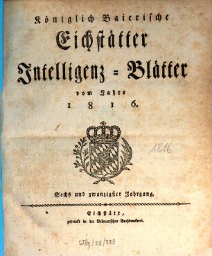 Königlich-Baierisches Intelligenzblatt für den Ober-Donaukreis. 1816 = Jg. 26