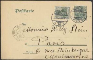 Postkarte von Dora Hitz an Wilhelm Stein