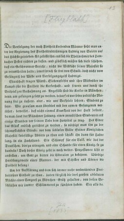 [Flugblatt] : Die Verfolgung der nach Freiheit strebenden Männer sieht man unter der Regierung des Freiheitsabtrünnigen Ludwig von Baiern auf das Höchste getrieben ...