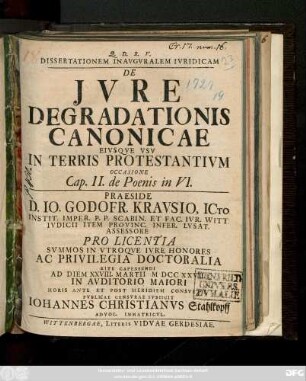 Dissertationem Inavgvralem Ivridicam De Jvre Degradationis Canonicae Eivsqve Vsv In Terris Protestantivm Occasione Cap. II. de Poenis in VI.