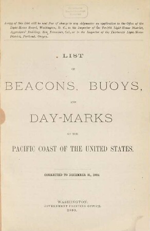 List of beacons, bouys, and day marks on the Pacific Coast of the United States. 1892 (1893)
