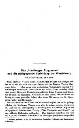 Das "Hamburger Programm" und die pädagogische Vorbildung der Oberlehrer