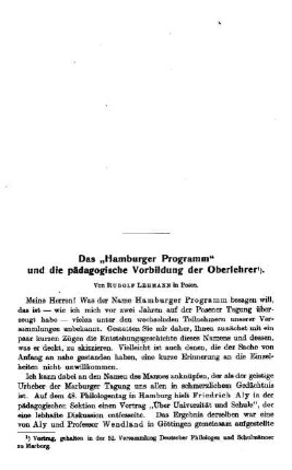 Das "Hamburger Programm" und die pädagogische Vorbildung der Oberlehrer