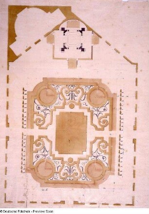 Plan eines Gartens mit Grundriß eines Gebäudes (Pavillon ?), Blatt 2