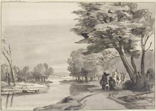 Fluss mit waldigem Ufer, rechts ein Wagen und Reiter