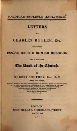 Vindiciae ecclesiae Anglicanae : Letters to Ch. Buttler, comprising essays on the Romish religion