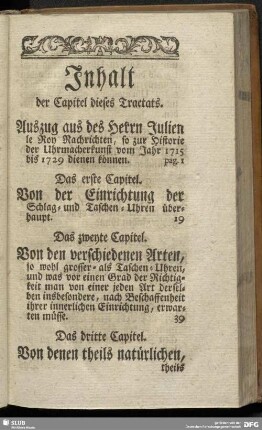 Inhalt der Capitel dieses Tractats