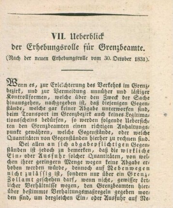 VII. Ueberblick der Erhebungsrolle für Grenzbeamte