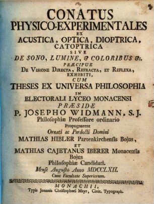 Conatus physico-experimentales ex acustica, optica, dioptrica, catoptrica, s. de sono ...
