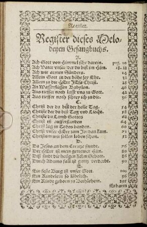 Register dieses Melodeyen Gesangbuchs