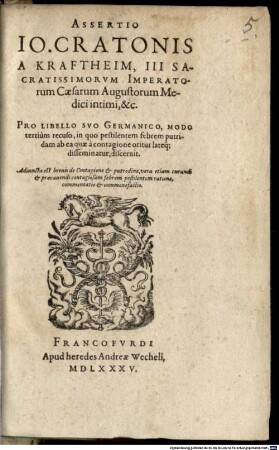 Assertio pro libello suo Germanico ... in quo pestilentem febrem putridam ab ea quae a contagione oritur lateque disseminatur, discernit ...