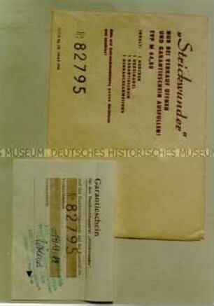 Briefumschlag mit Garantieschein für den Handstrickapparat "Strickwunder"