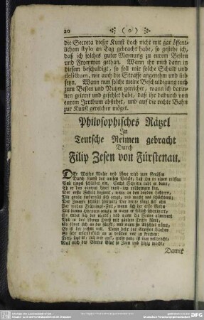 Philosophisches Rätzel In Teutsche Reimen gebracht Durch Filip Zesen von Fürstenau