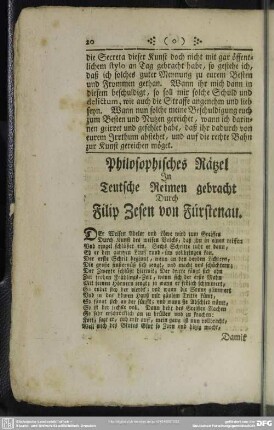 Philosophisches Rätzel In Teutsche Reimen gebracht Durch Filip Zesen von Fürstenau