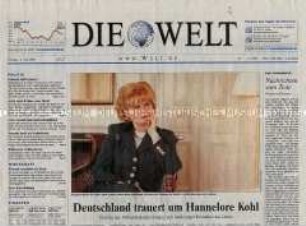 Tageszeitung "Die Welt", u.a. zum Freitod von Hannelore Kohl