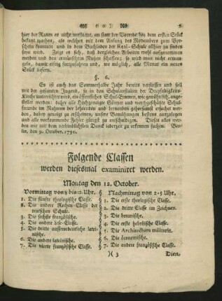 Folgende Classen werden diesesmal examiniret werden.