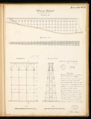 Hölzerner Viadukt Monatskonkurrenz Januar 1879: Grundriss, Aufriss Seitenansicht 1:250, Längsschnitt, Querschnitt1:100, Details; 2 Maßstabsleisten, Erläuterungstext