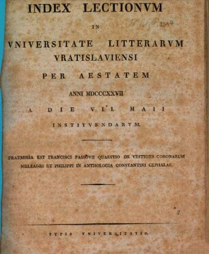 Index lectionvm in Vniversitate Litterarvm Vratislaviensi per ... anni ... habendarvm. 1827, 1827. Sommer