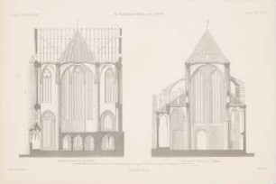 Katharinenkirche, Lübeck: Schnitt durch das Querschiff, Schnitt durch das Langhaus (aus: Atlas zur Zeitschrift für Bauwesen, hrsg. v. G. Erbkam, Jg. 21, 1871)