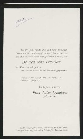 Brief von Luise Leistikow an Gerhart Hauptmann