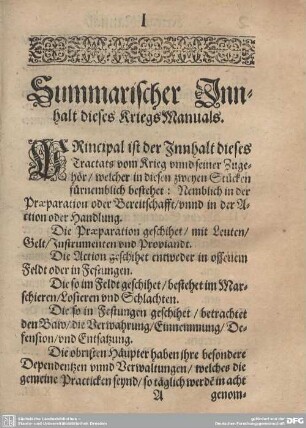 Summarischer Innhalt dieses KriegsManuals.